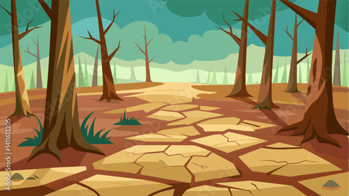 The forest floor once moist and rich with life now resembles a dry desert cracking and crumbling underfoot.. Vector illustration