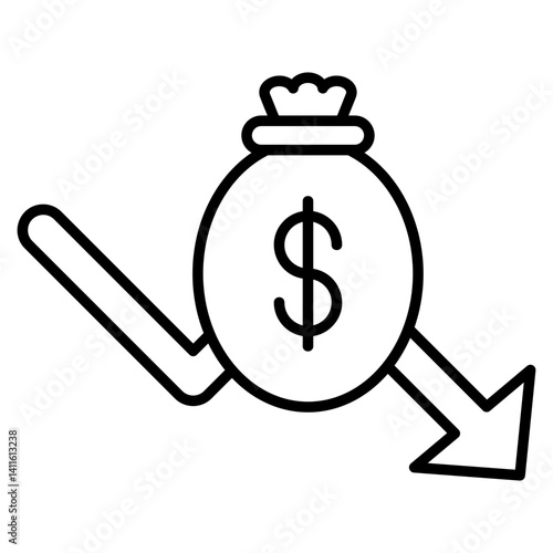 Icon of a money bag attached to a sharp downward trend line, symbolizing financial loss, decrease in funds, or economic downturn.