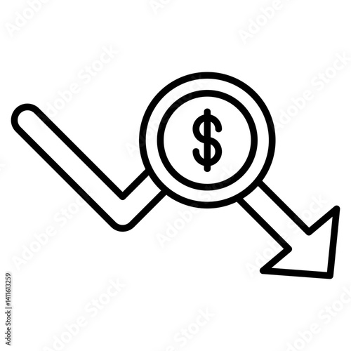 Icon of a dollar coin attached to a sharp downward trend line, symbolizing financial decline, loss of value, or economic downturn.