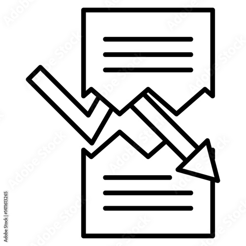 Icon of a torn document with a downward arrow, symbolizing negative report, bad news, failure, or a declining trend in data.