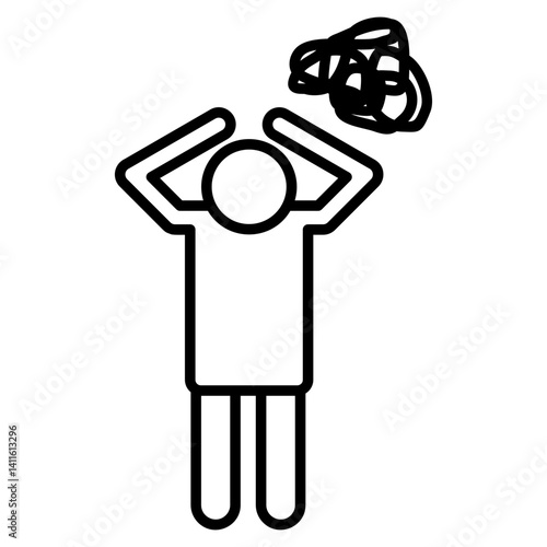 Icon of a stressed figure with tangled lines above their head, symbolizing confusion, frustration, mental overload, or a complex problem.