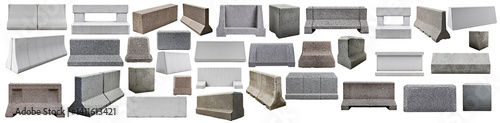 Cement barrier blocks and concrete Jersey barriers isolated on white background