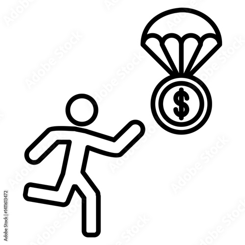 Icon of a running figure reaching for a dollar coin descending with a parachute, symbolizing opportunity, financial aid, or a bailout.