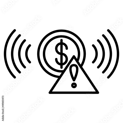 Icon of a dollar coin emitting waves with a warning triangle, symbolizing financial risk, alert, unstable currency, or economic warning.