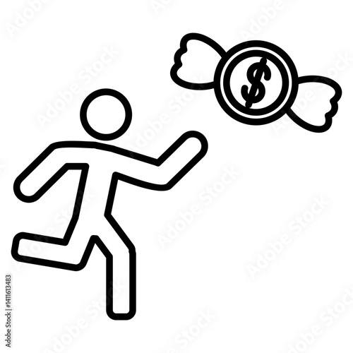 Icon of a running figure chasing a winged dollar coin, symbolizing pursuing wealth, financial aspiration, or the fleeting nature of money.