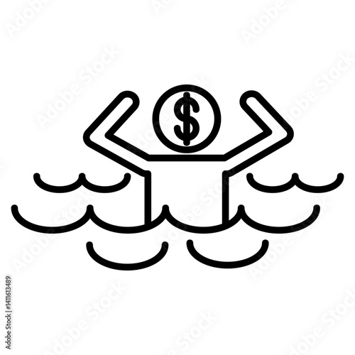 Icon of a figure drowning in water with a dollar sign on their head, symbolizing financial trouble, debt, or being overwhelmed by money problems.