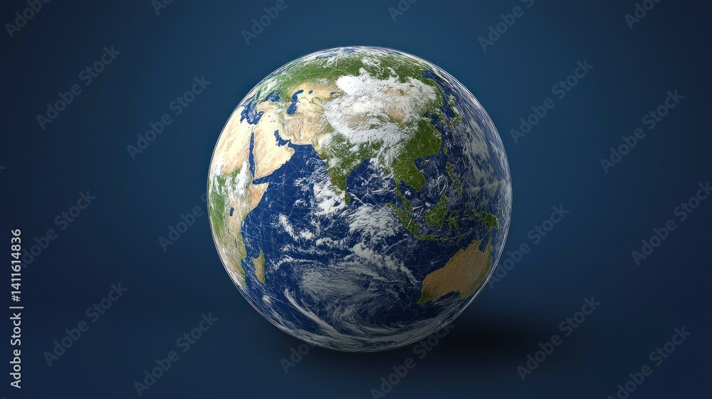 Fototapeta premium Earth globe, isolated, dark background, detailed view of continents and clouds