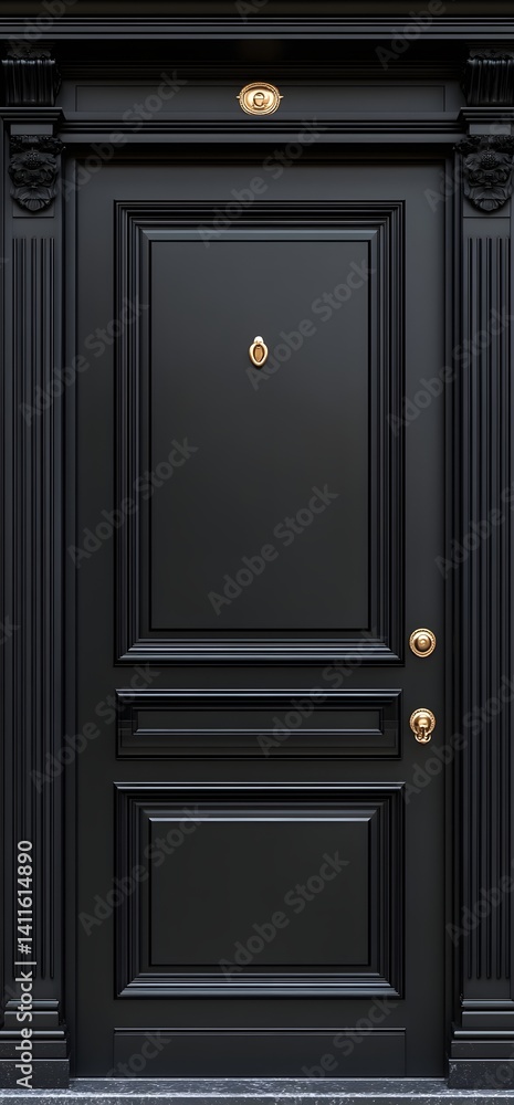 Fototapeta premium A close-up of an elegant, black front door with a classic, ornate design, featuring refined architectural details. The door exudes an aura of sophistication and timeless design.