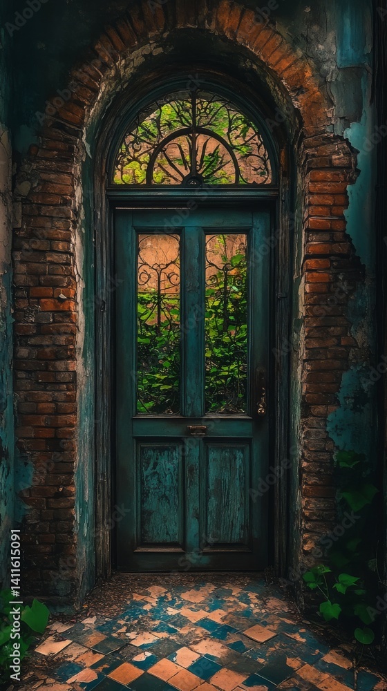 Weathered door with ornate glass, surrounded by lush greenery in an abandoned setting Weathered door with ornate glass, surrounded by lush greenery in an abandoned setting