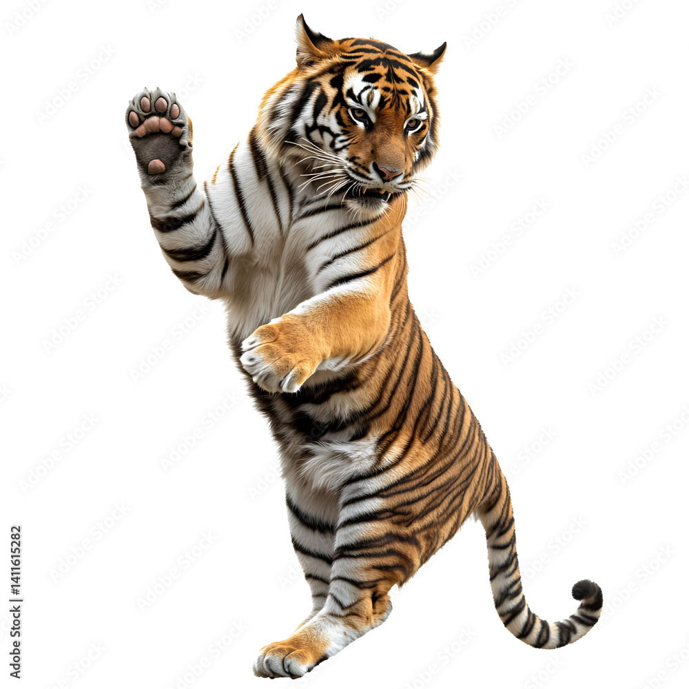 Obraz premium A full-body shot of a happy, dancing tiger, isolated on a transparent background, in PNG 