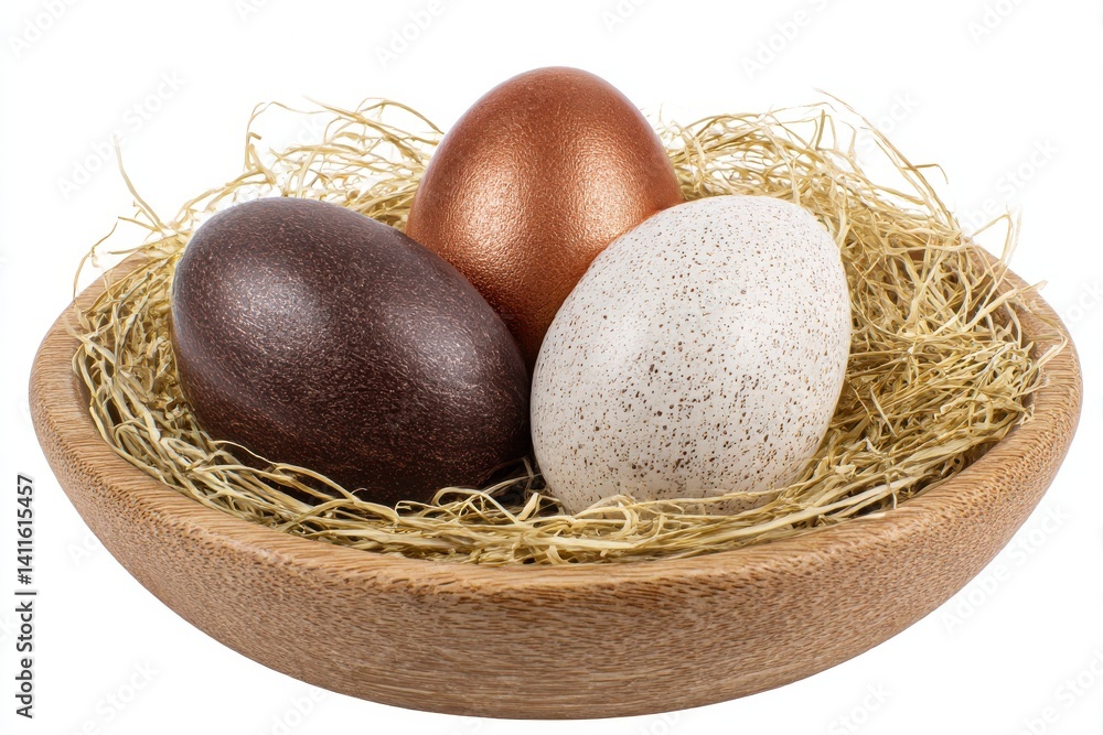 Fototapeta premium Three easter eggs in a nest isolated on white background