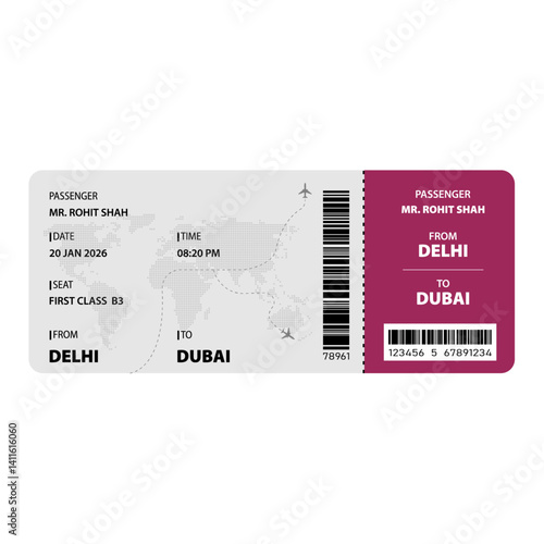Vector Boarding Pass from Delhi to Dubai – First Class Ticket Design