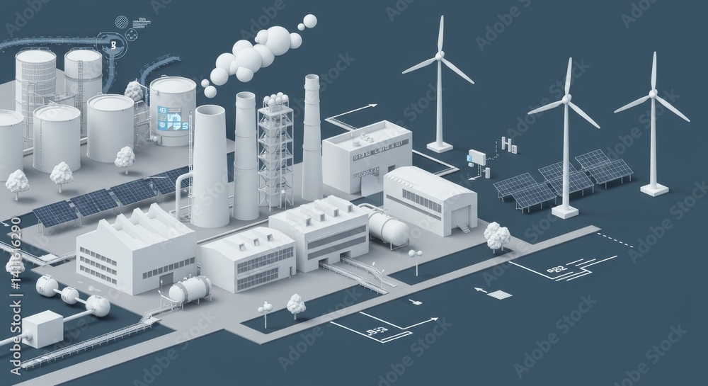White Energy Plant and Factory Complex - Symbolizing sustainable energy, industrial efficiency, technological innovation, clean production, and environmental responsibility