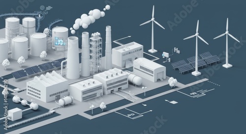 Obraz na płótnie White Energy Plant and Factory Complex - Symbolizing sustainable energy, industrial efficiency, technological innovation, clean production, and environmental responsibility w salonie