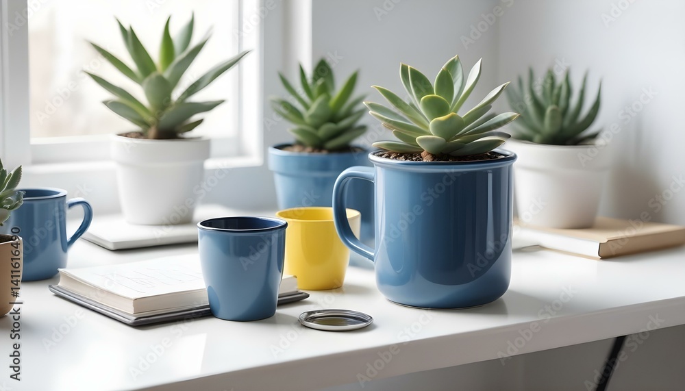 Enamel mug mockup with workspace accessories and a succulent plant on a white table. Enamel mug mockup with workspace accessories and a succulent plant on a white table.