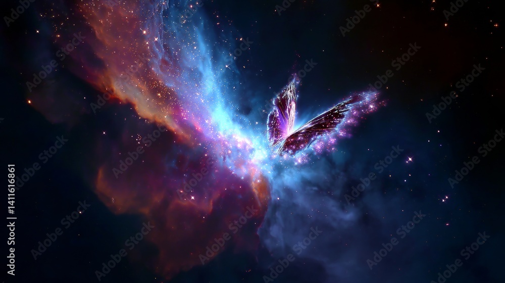 A stunning cosmic butterfly emerges from a vibrant nebula, leaving a luminous trail through space. A stunning cosmic butterfly emerges from a vibrant nebula, leaving a luminous trail through space.