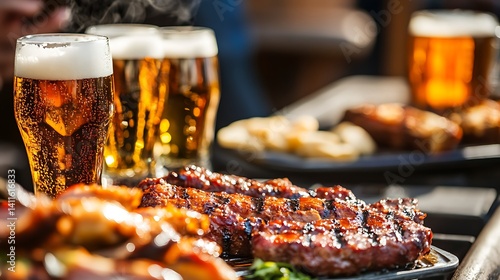 Summer BBQ Feast with Grilled Delights Cold Beer for barbecue outdoor gathering friends concept.