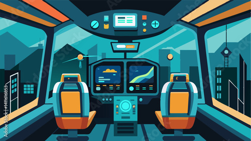 The pit of an eVTOL taxi is a marvel of advanced technology with screens and monitors displaying realtime environmental data and predictive models.. Vector illustration
