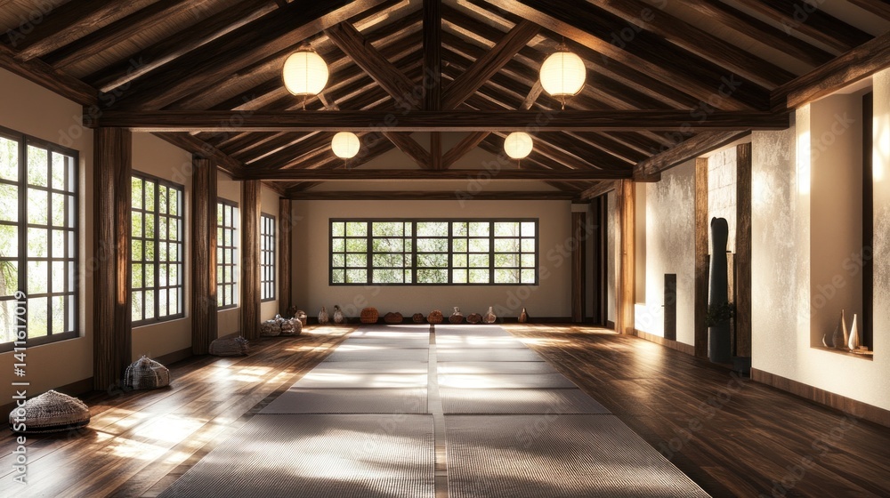 Spacious, serene yoga studio with natural light and wooden accents Spacious, serene yoga studio with natural light and wooden accents