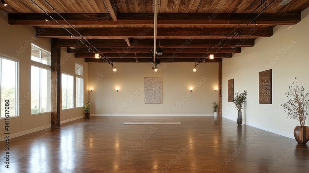Fototapeta premium Spacious, light-filled yoga studio with exposed beams