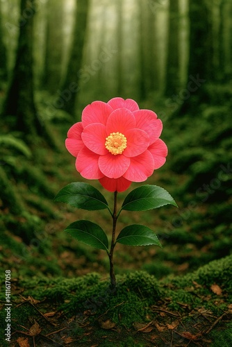 Rare Middlemist Red Camellia in Natural Forest Habitat