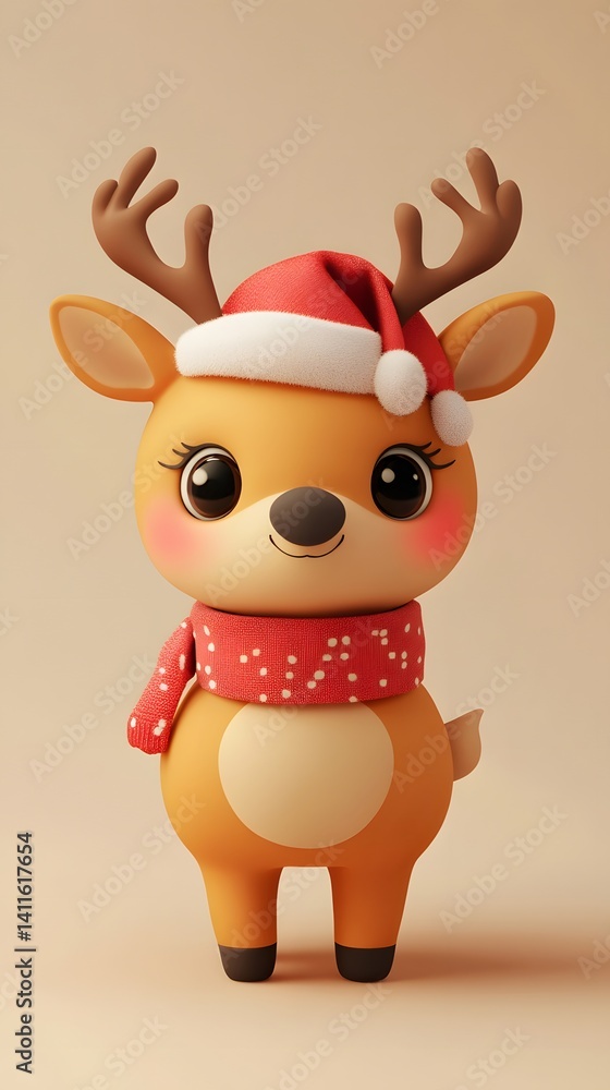 Fototapeta premium A cheerful, cute cartoon reindeer is dressed in festive attire, complete with a Santa hat and a warm scarf. Smiling in front of the cream background.