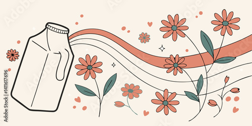 Abstract vector with milk jug shape and floating florals
