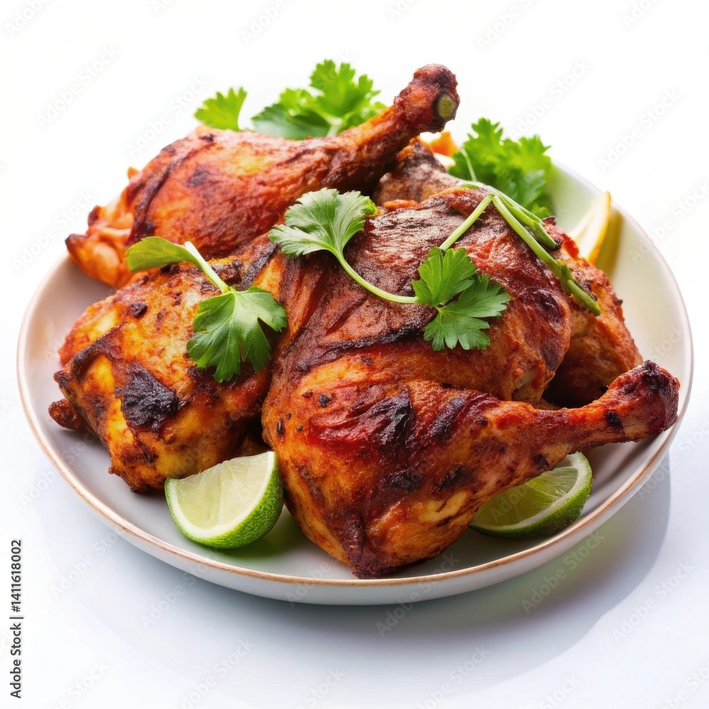 Roasted Chicken Quarters With Lime And Parsley Garnishing On A Plate Roasted Chicken Quarters With Lime And Parsley Garnishing On A Plate