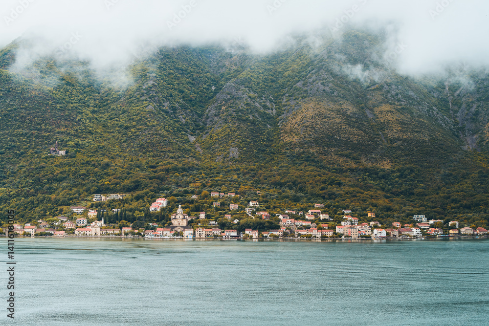 Kotor Bay and mountains with cloudy sky