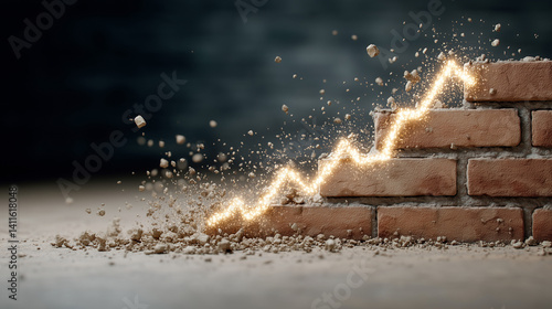Breaking Through Barriers: A radiant, electrified line symbolizing growth and success boldly ascends through a brick wall, embodying overcoming obstacles and achieving breakthrough.