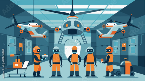 Inside the maintenance hangar a team of sophisticated robots carefully scan and diagnose each individual electrical component of an eVTOL ensuring optimal performance for its next. Vector illustration