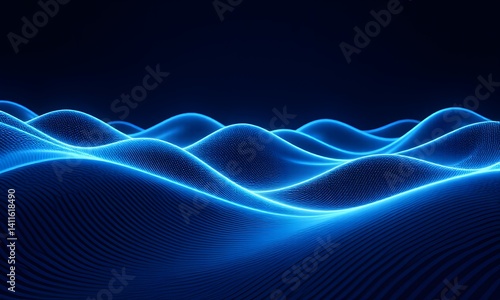 Glowing wave of particles on black background.