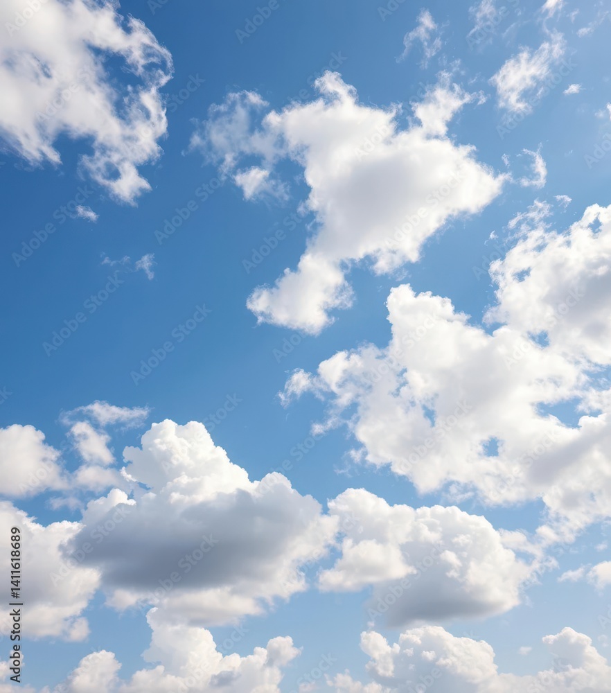 Vast, azure sky dotted with fluffy cumulus clouds, summer, optimism Vast, azure sky dotted with fluffy cumulus clouds, summer, optimism