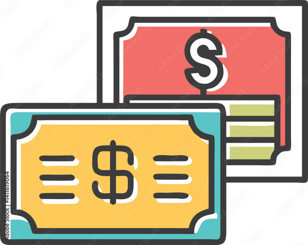 Stylized Dollar Certificates With Bold Outline And Vibrant Colors Over White Background Stylized Dollar Certificates With Bold Outline And Vibrant Colors Over White Background