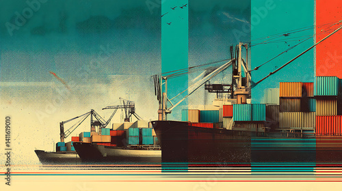 Retro Banner Of Shipping Containers And Cranes Symbolizes Trade Wars And Tariffs Theme With Digital Glitch Effect