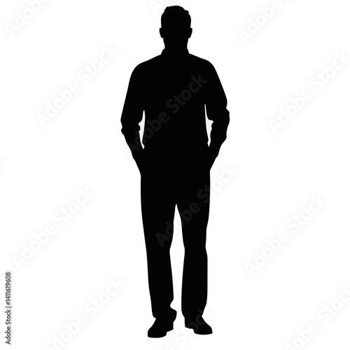 Man standing in silhouette with hands in pockets, introspective expression