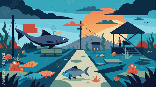 The failure of the fishing restrictions is evident in the overgrown neglected fish market serving as a warning of the consequences of unsustainable practices.. Vector illustration