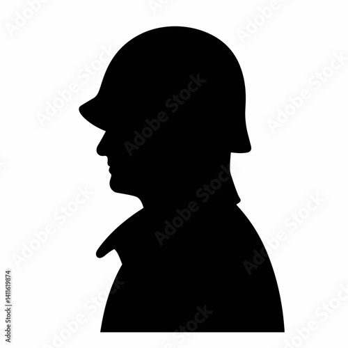 Soldier silhouette in profile on white background, wartime symbolism