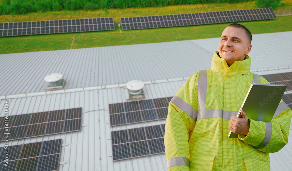 Engineer in reflective jacket near solar panel setup