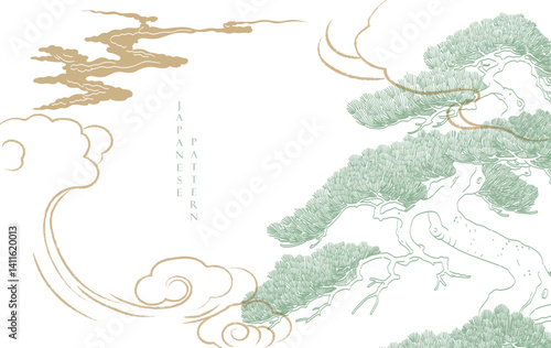 Japanese background with line bonsai tree and chinese cloud pattern vector. Abstract template with geometric wave pattern in risograph style