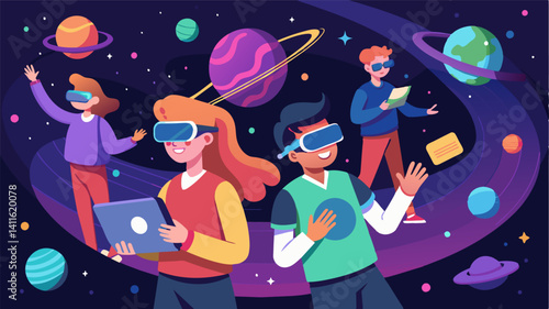 A group of students eagerly engage in a virtual reality program fully immersed in the experience of traveling through space and time.. Vector illustration