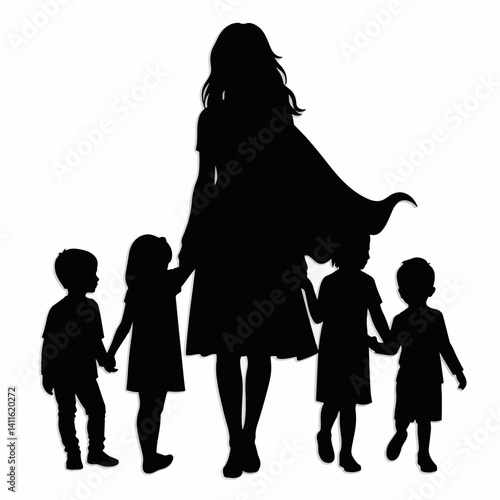 Mother silhouette in superhero cape with children, celebrating motherhood