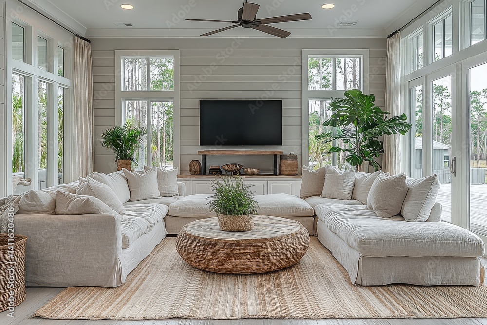 Fototapeta premium Bright coastal farmhouse living room with white oak flooring, shiplap accent wall, L-shaped couch, wooden coffee table, and natural lighting.