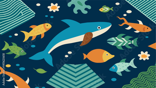 The carpeting is made from recycled ocean plastics featuring intricate patterns inspired by marine life.. Vector illustration