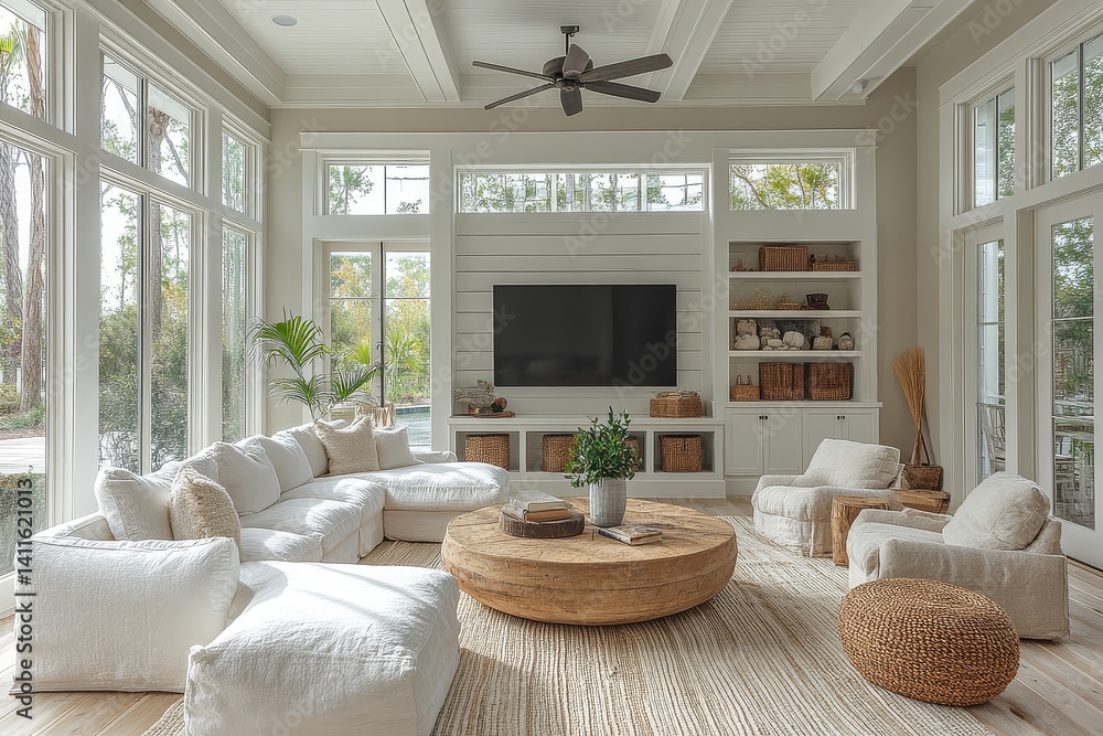 Fototapeta premium Bright coastal farmhouse living room with white oak flooring, shiplap accent wall, L-shaped couch, wooden coffee table, and natural lighting.