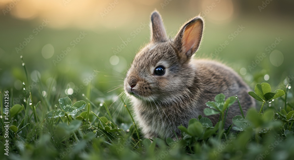 Adorable Baby Bunny in Dew-Kissed Grass: A Serene Springtime Image Adorable Baby Bunny in Dew-Kissed Grass: A Serene Springtime Image