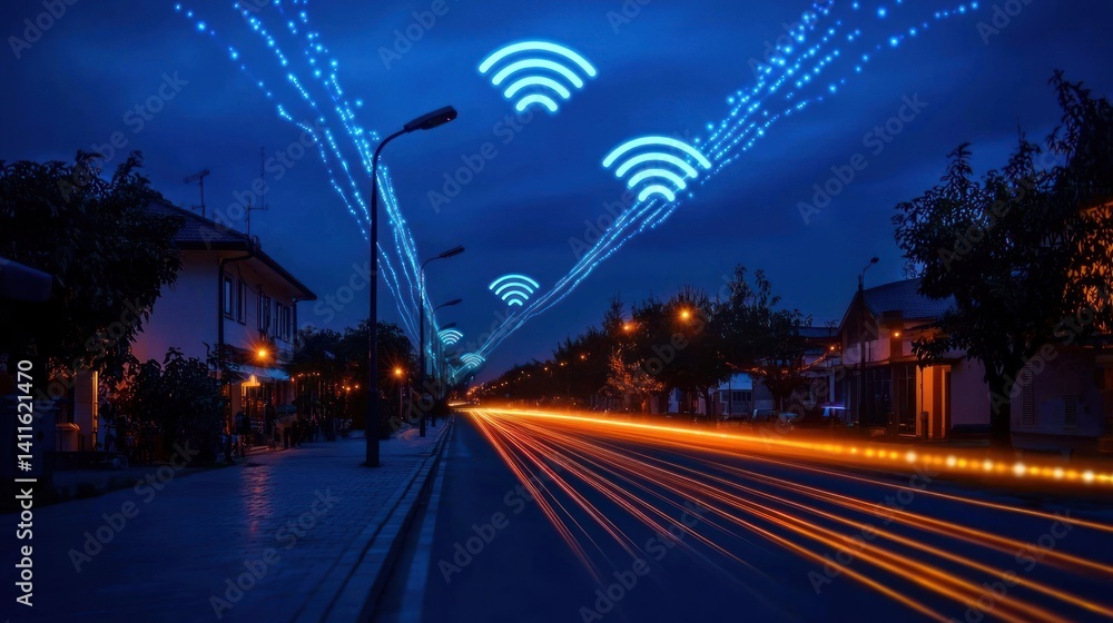 Fototapeta premium Wi-Fi network illuminating night city street