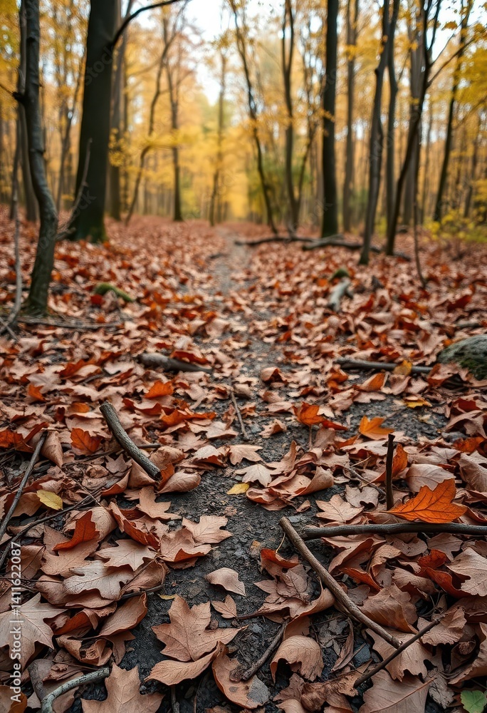 Crisp brown leaves and twigs strewn across a forest trail, scenic, path, branches Crisp brown leaves and twigs strewn across a forest trail, scenic, path, branches