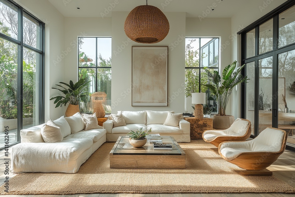 Fototapeta premium Bright and airy living room with light wood floors, white walls, modern chandelier, and mid-century boho-style furniture, bathed in natural sunlight.