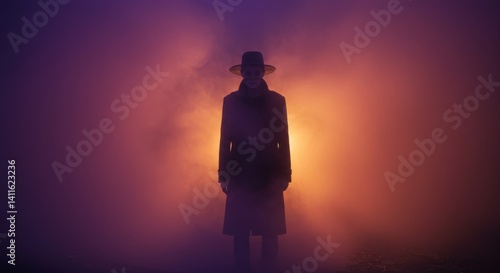 Mysterious Figure in Fog - Silhouette of a person in a long coat and hat standing in a hazy, orange and purple lit environment